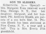 Newspaper Article – Son to Sloseks by Waterloo Courier (Waterloo, Iowa)