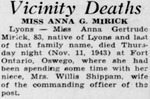 Newspaper Article – Vicinity Deaths by Democrat and Chronicle (Rochester, New York)